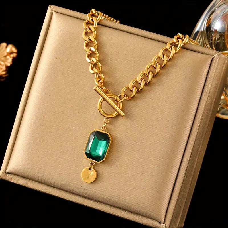 Chunky Chain Emerald Pendant Necklace | Gold
