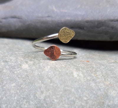 Adjustable Silver Ring With Copper And Brass Textured Leaf