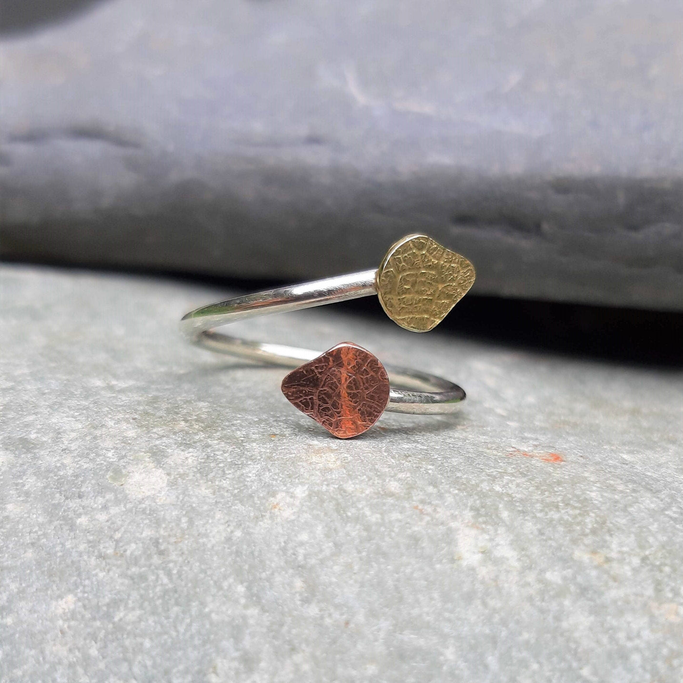 Adjustable Silver Ring With Copper And Brass Textured Leaf
