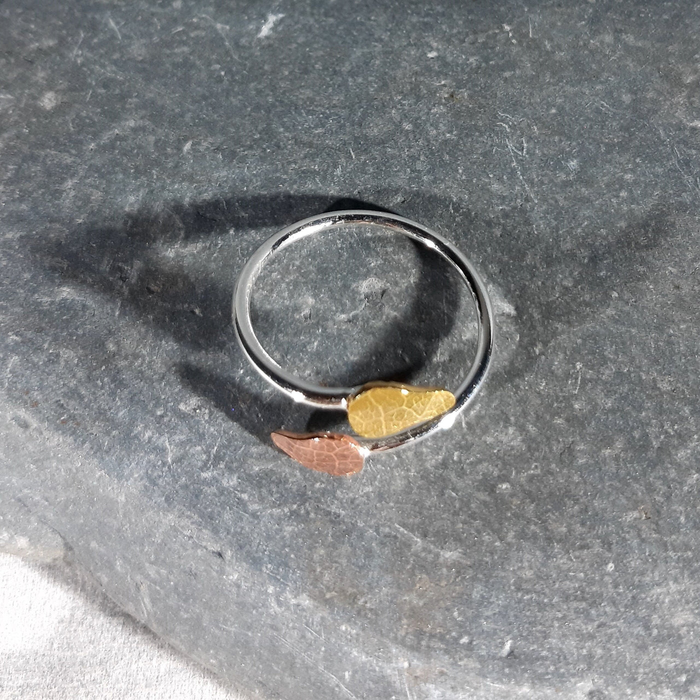 Adjustable Silver Ring With Copper And Brass Textured Leaf