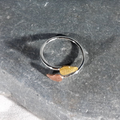 Adjustable Silver Ring With Copper And Brass Textured Leaf