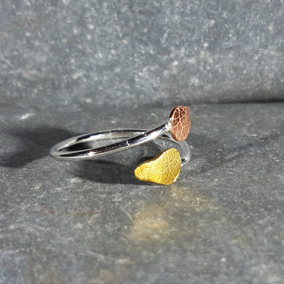 Adjustable Silver Ring With Copper And Brass Textured Leaf