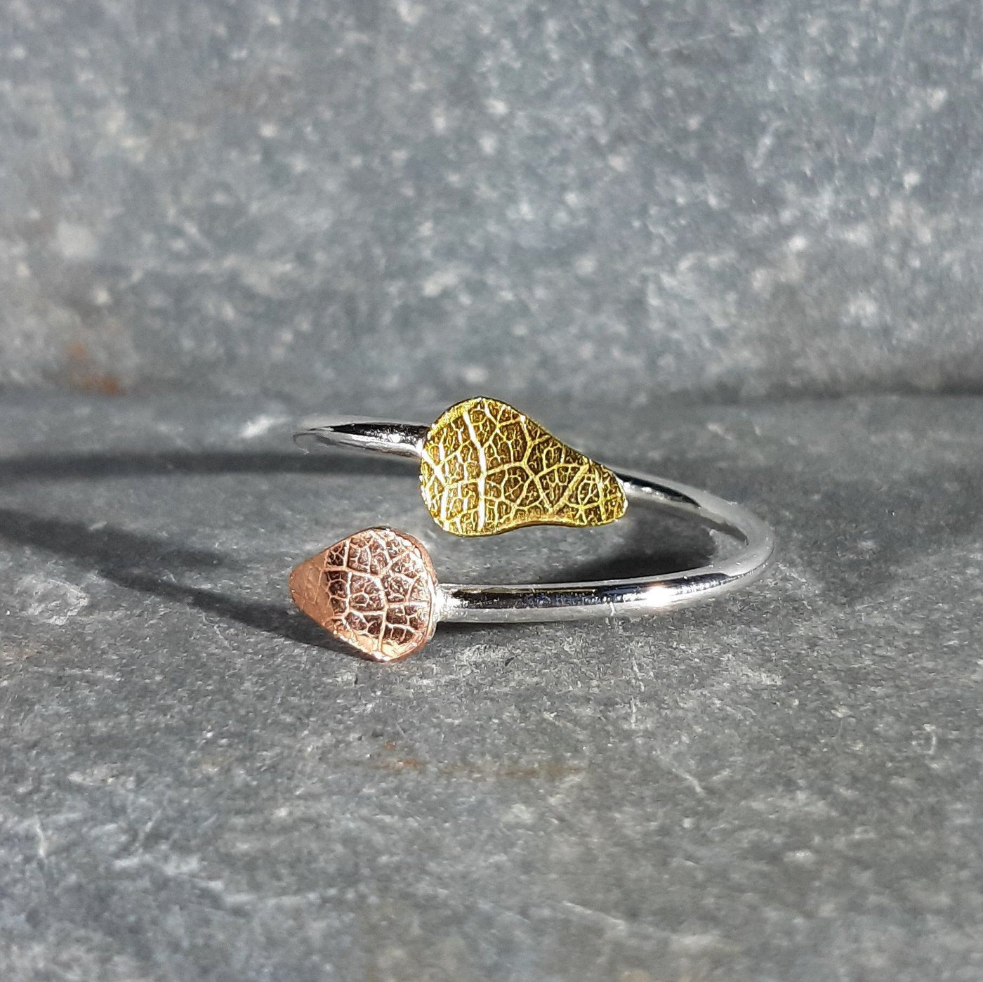 Adjustable Silver Ring With Copper And Brass Textured Leaf