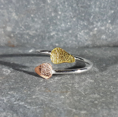 Adjustable Silver Ring With Copper And Brass Textured Leaf