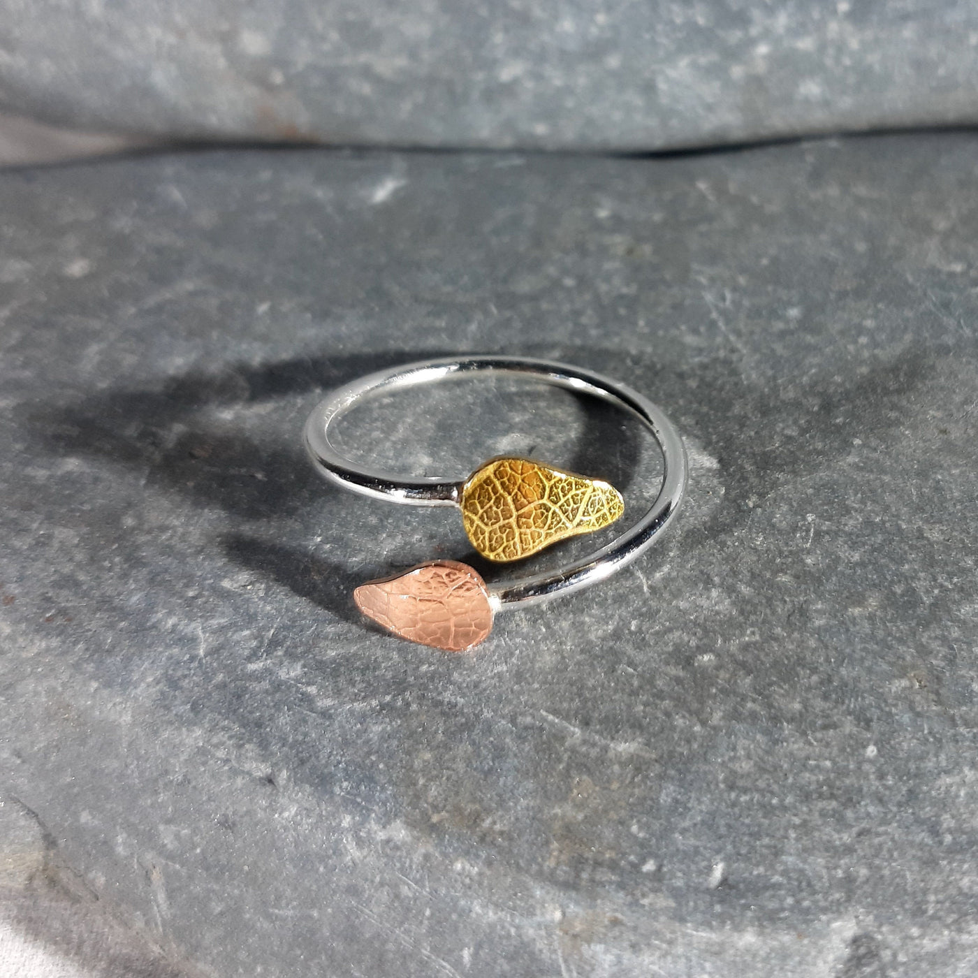 Adjustable Silver Ring With Copper And Brass Textured Leaf