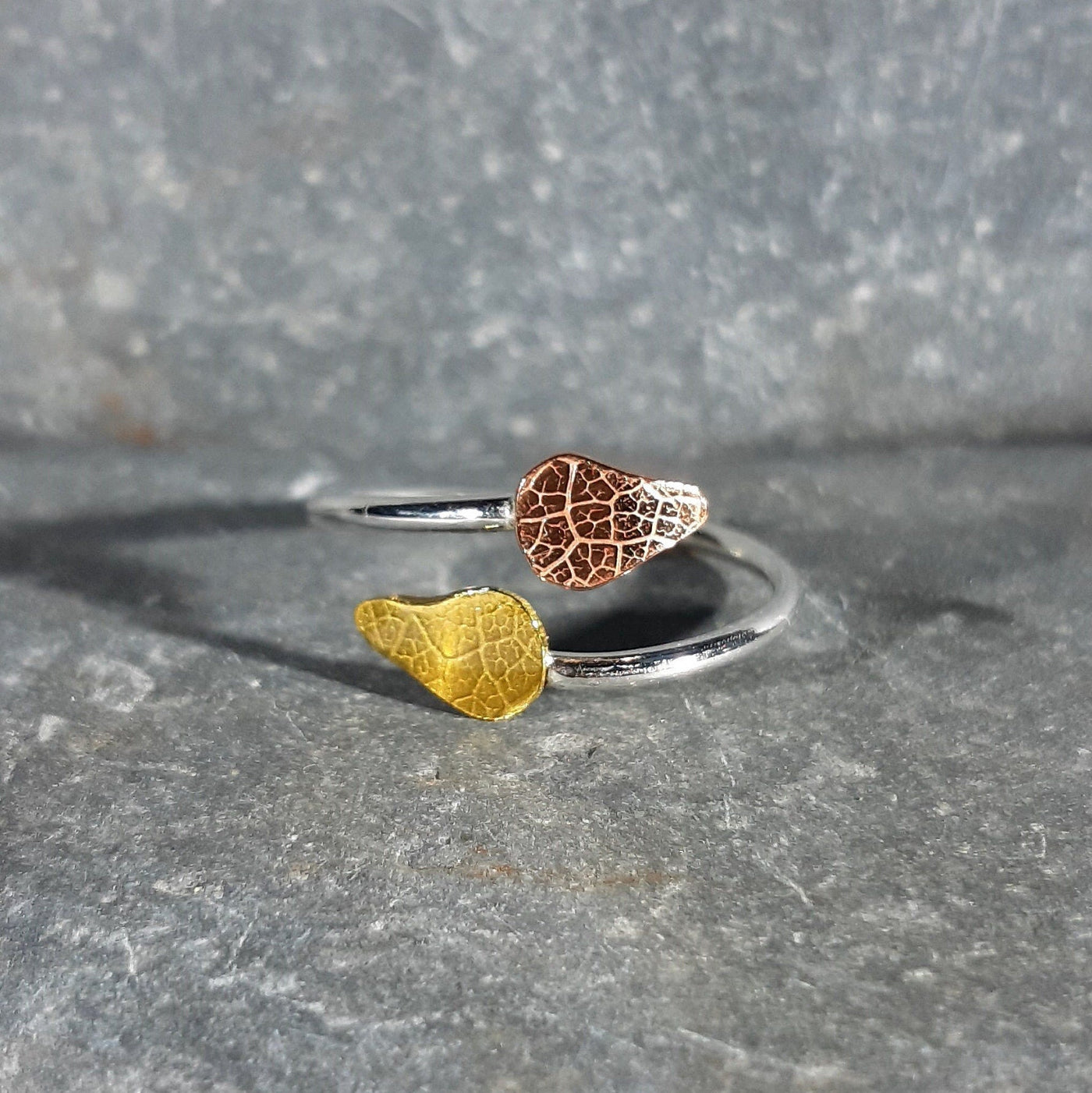Adjustable Silver Ring With Copper And Brass Textured Leaf