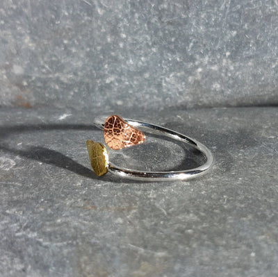 Adjustable Silver Ring With Copper And Brass Textured Leaf