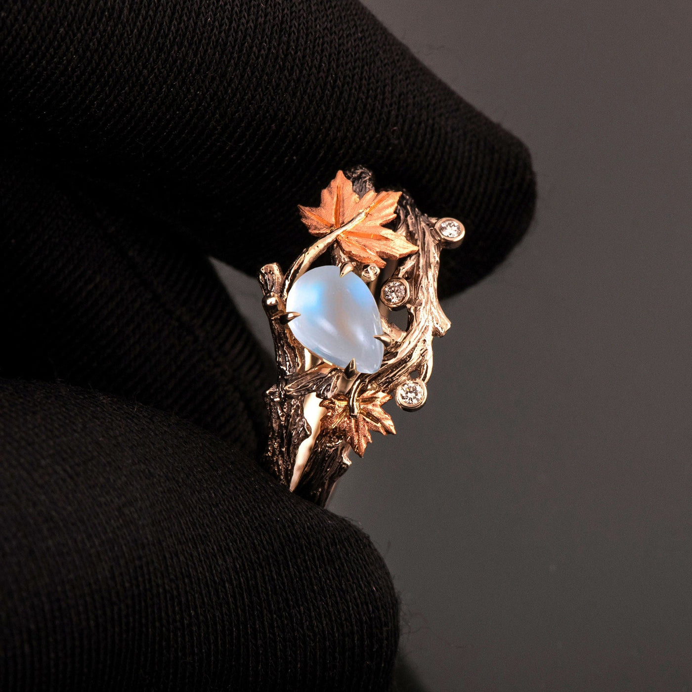 Twig And Leaf Moonstone Engagement Ring