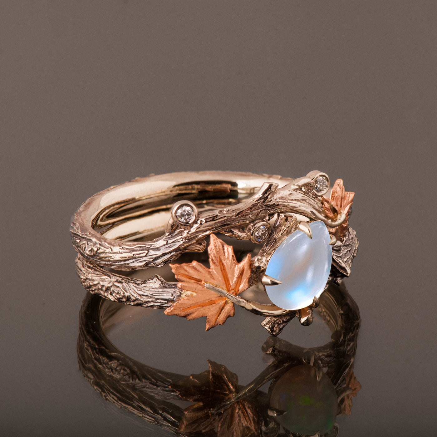Twig And Leaf Moonstone Engagement Ring