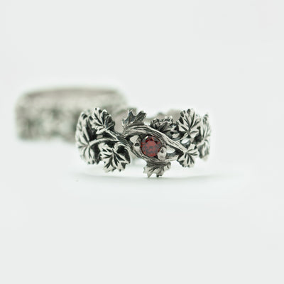 Oxidized Sterling Silver Maple Leaf Ring: Red Cubic Zirconia