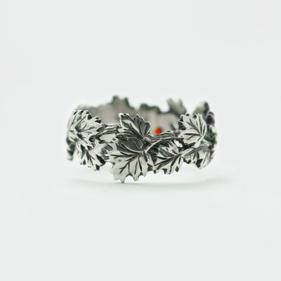 Oxidized Sterling Silver Maple Leaf Ring: Red Cubic Zirconia