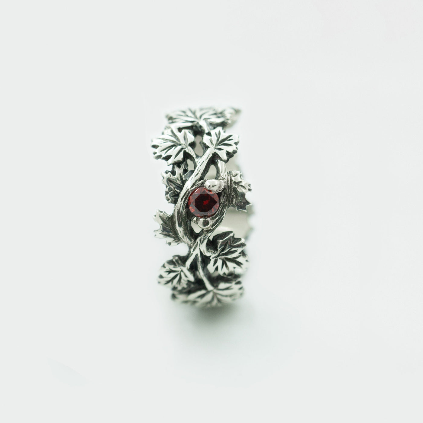 Oxidized Sterling Silver Maple Leaf Ring: Red Cubic Zirconia