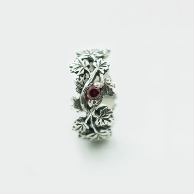 Oxidized Sterling Silver Maple Leaf Ring: Red Cubic Zirconia