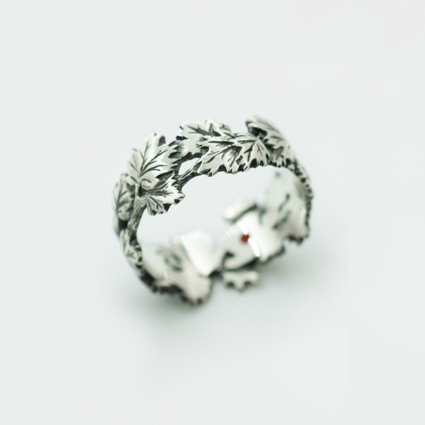 Oxidized Sterling Silver Maple Leaf Ring: Red Cubic Zirconia