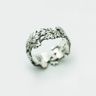 Oxidized Sterling Silver Maple Leaf Ring: Red Cubic Zirconia