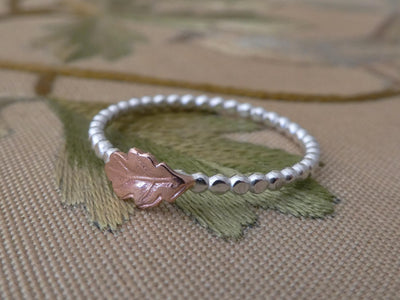 Handmade Dainty Copper Oak Leaf Silver Ring