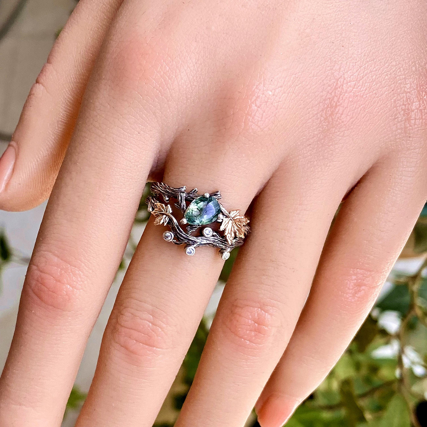 Natural Moss Agate Tree Branch Engagement Ring