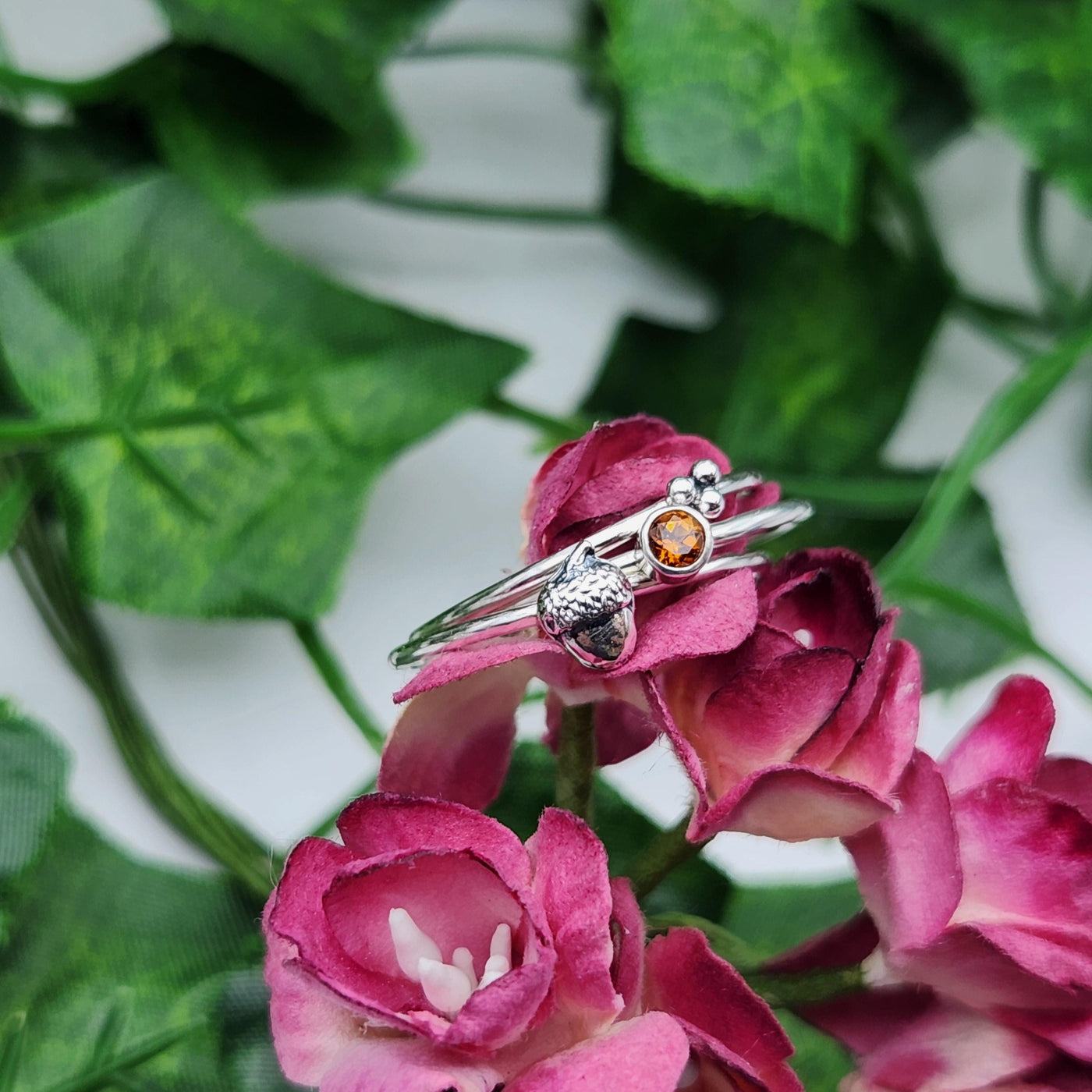 Handmade Sterling Silver & Citrine Autumn Acorn Ring Set