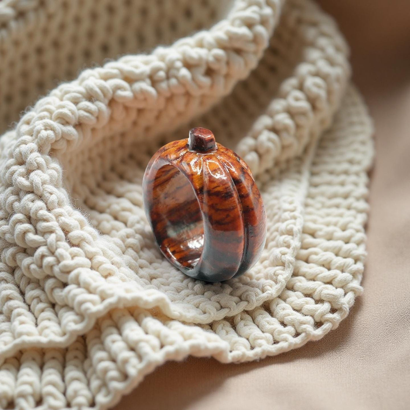 Handmade Pumpkin Carved Wood Ring
